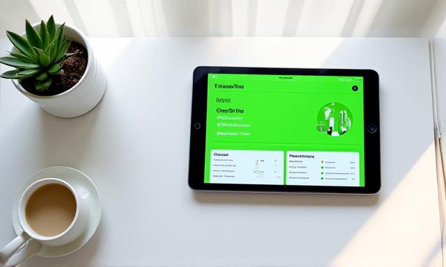 A clean, organized desk with a tablet showing productivity metrics