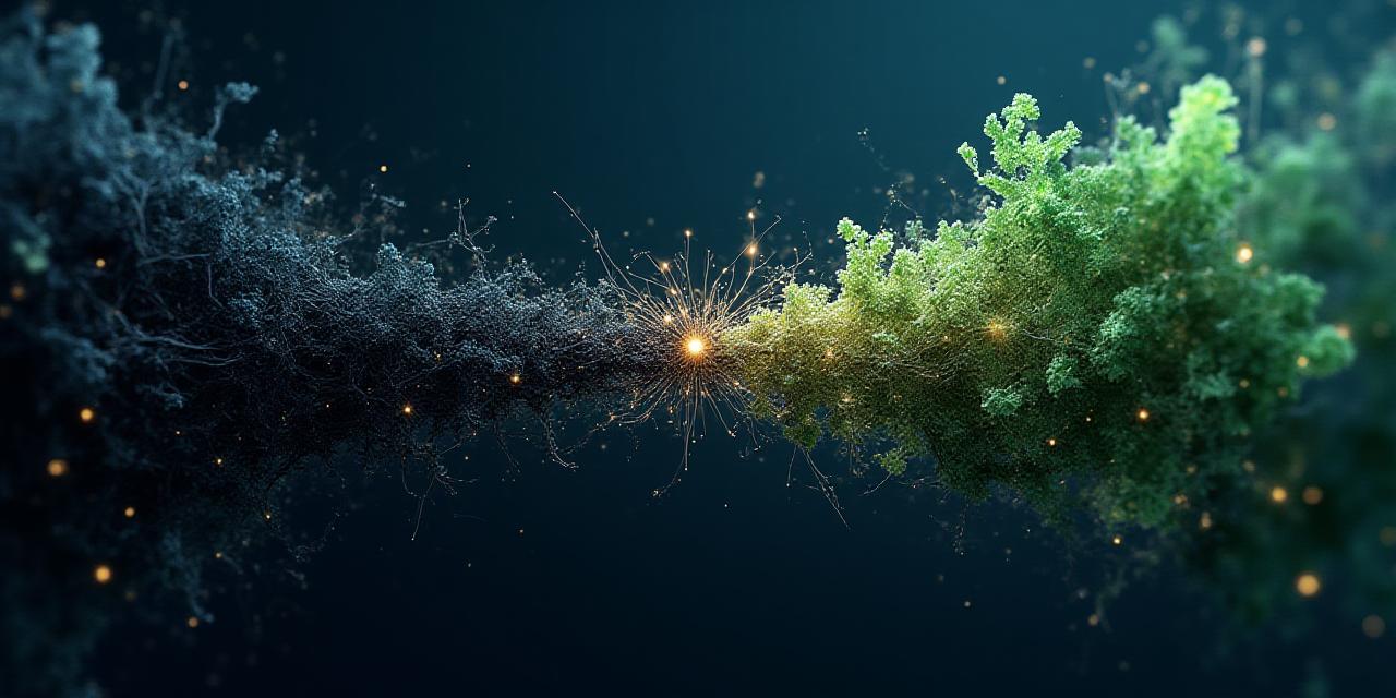 Abstract visualization of messy data strands coming together into a sharp, organized crystal growth