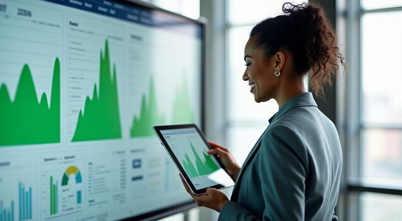 A business professional smiling at a clean, automated dashboard showing growth metrics