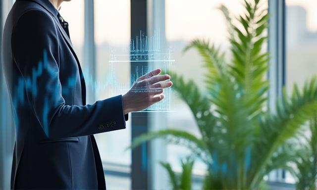 A business professional interacting with a holographic dashboard